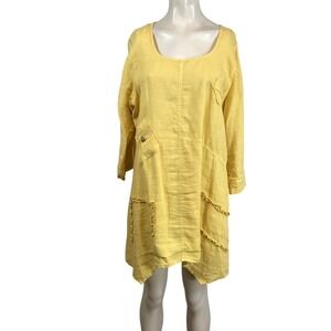 CMC Color Me Cotton Womens Yellow 100% Linen Ruffle Pocket Tunic Top Large USA